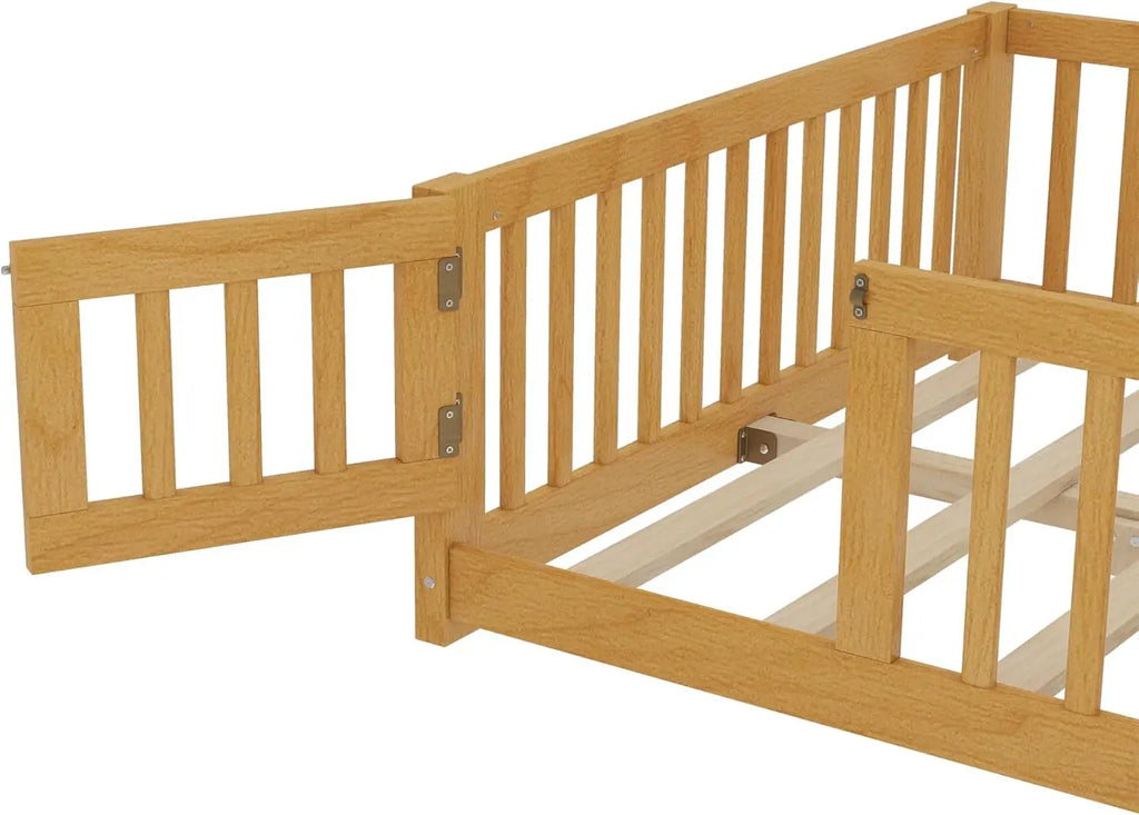 Full Size Wood Floor Bed with Safety Guardrails & Removable Door.