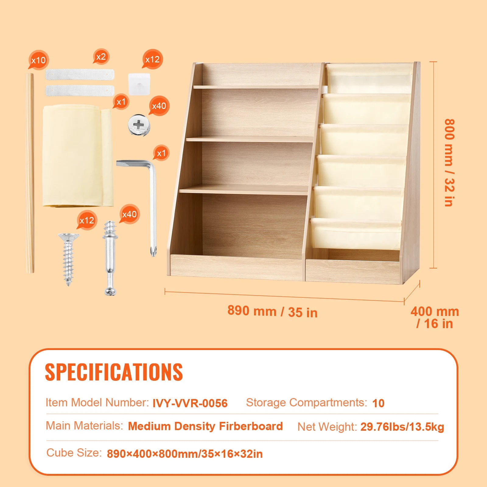 4-Tier Kids Wooden Bookshelf 6-Layer Sling Bookcase.