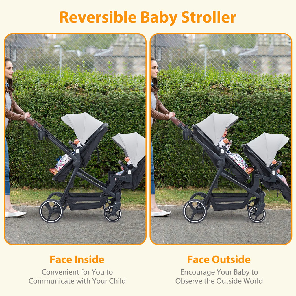 Double Tandem Stroller for Infant and Toddler, Foldable / Reversible.