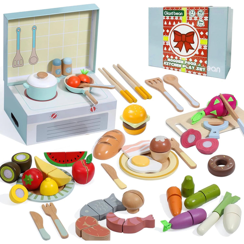 78 PCS Wooden Play Food Set, Vegetables, Fruit, Cutting Toys.