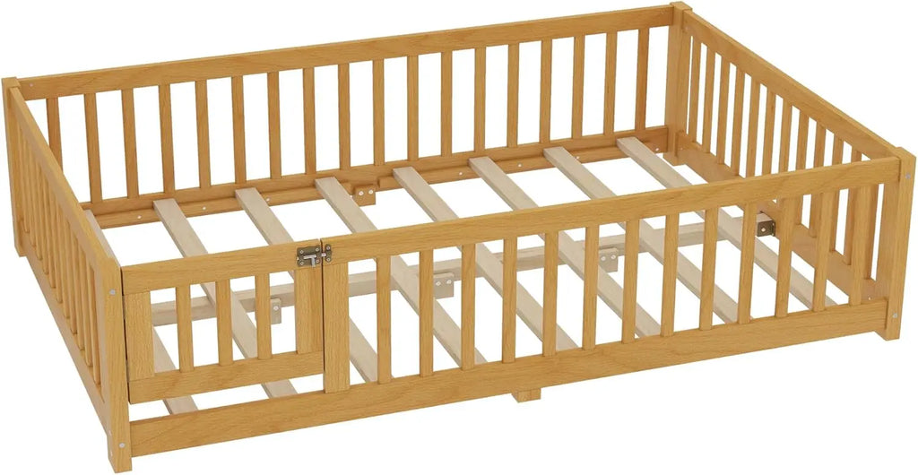Full Size Wood Floor Bed with Safety Guardrails & Removable Door.