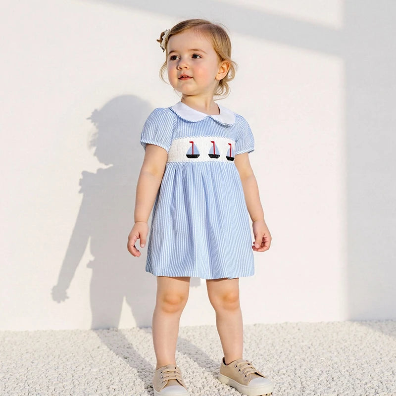 Short Sleeved Girl Summer Striped A-Line Dress with Collar.