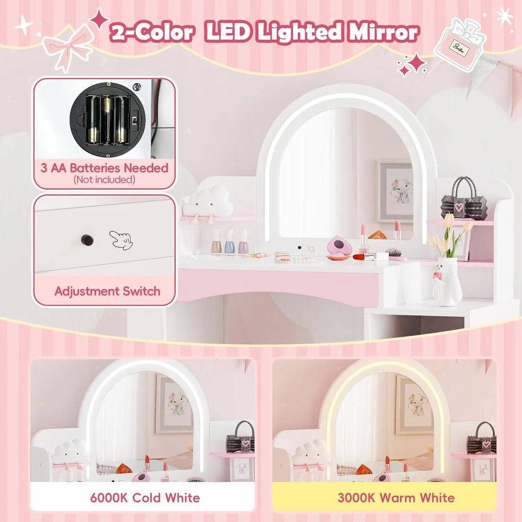 Kids Vanity with Lights,  Desk & Chair Set with Mirror.
