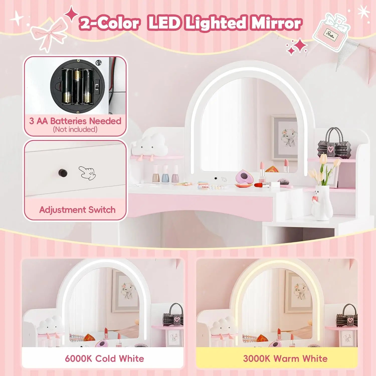 Kids Vanity with Lights,  Desk & Chair Set with Mirror.