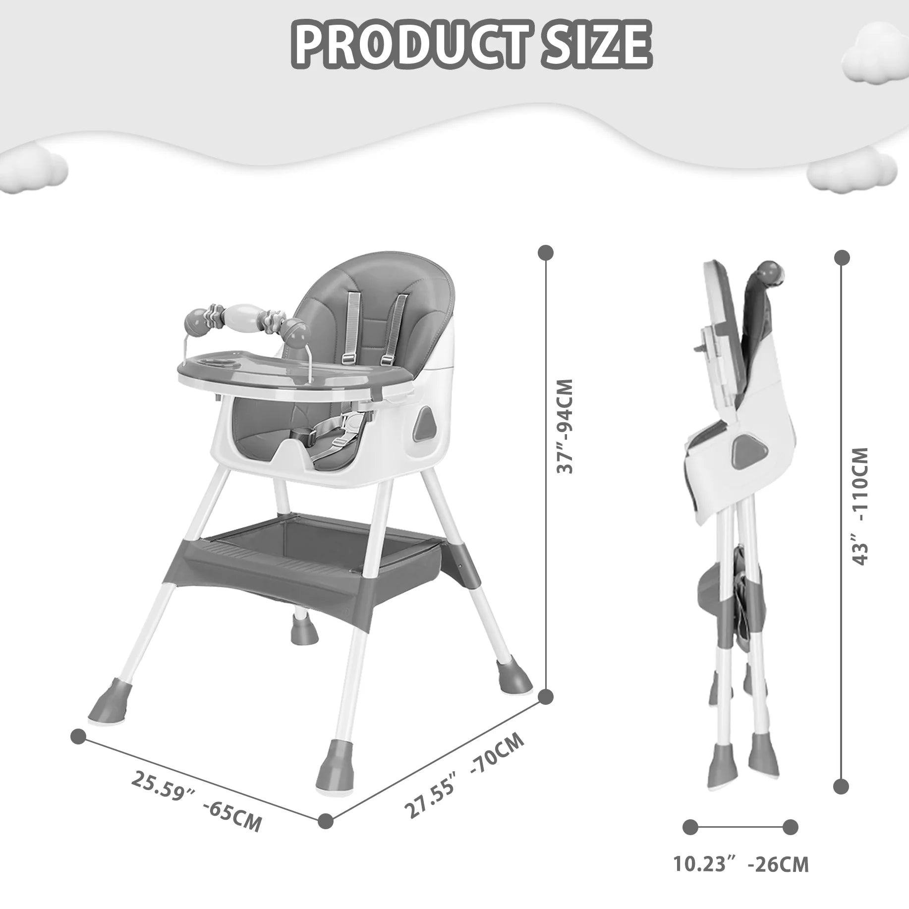 Foldable Baby High Chair 6 Months Plus, with Large Antislip Pad & ToyRack.