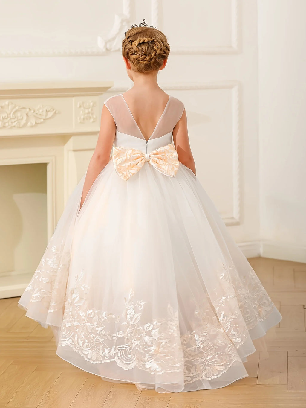 Lace Flower Girl Dress, Long Bow Belt