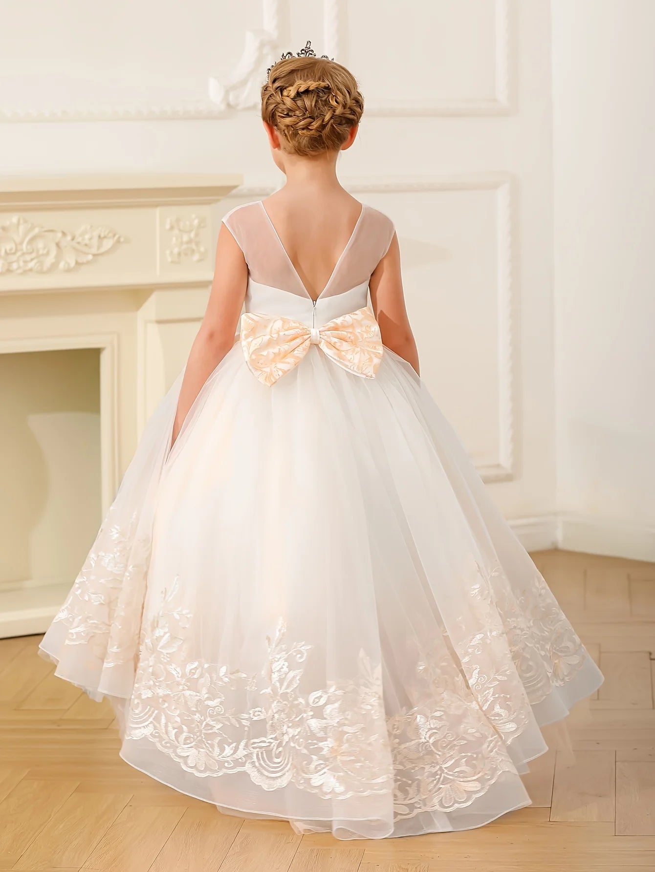 Lace Flower Girl Dress, Long Bow Belt