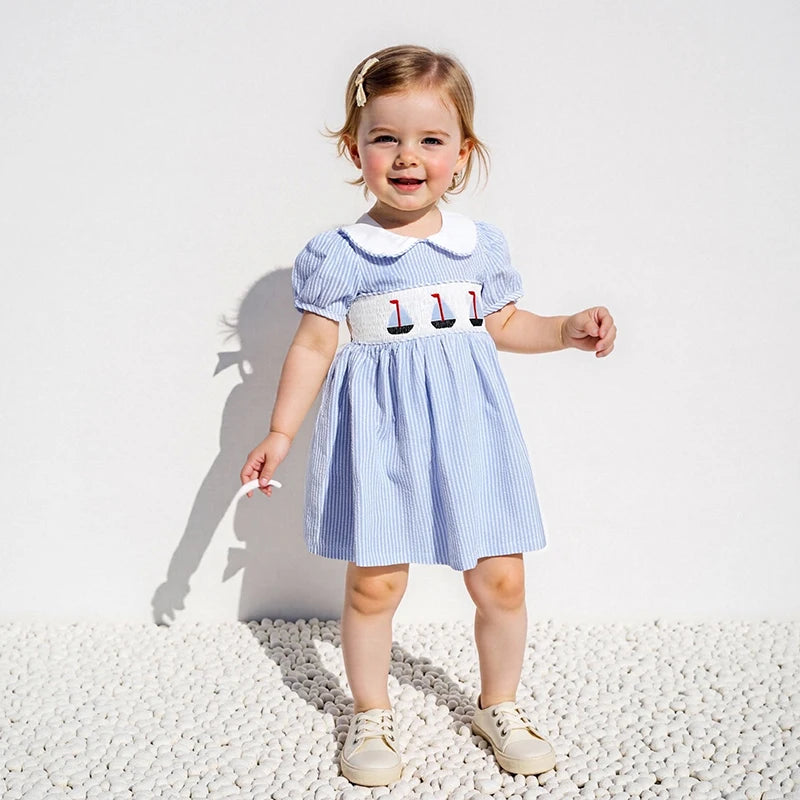Short Sleeved Girl Summer Striped A-Line Dress with Collar.