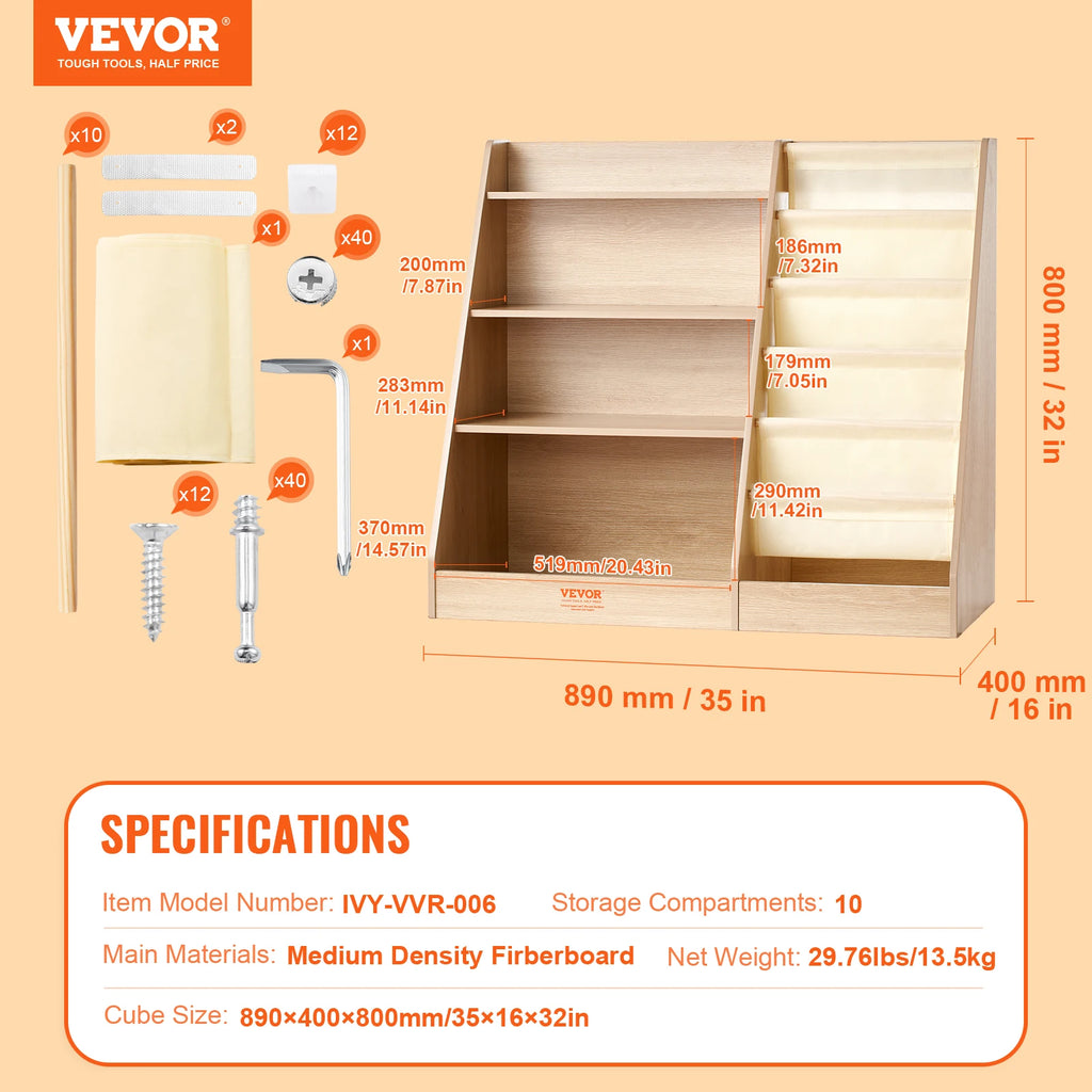 4-Tier Kids Wooden Bookshelf 6-Layer Sling Bookcase.
