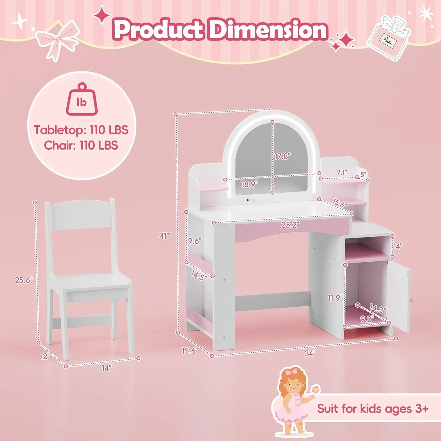 Kids Vanity with Lights,  Desk & Chair Set with Mirror.