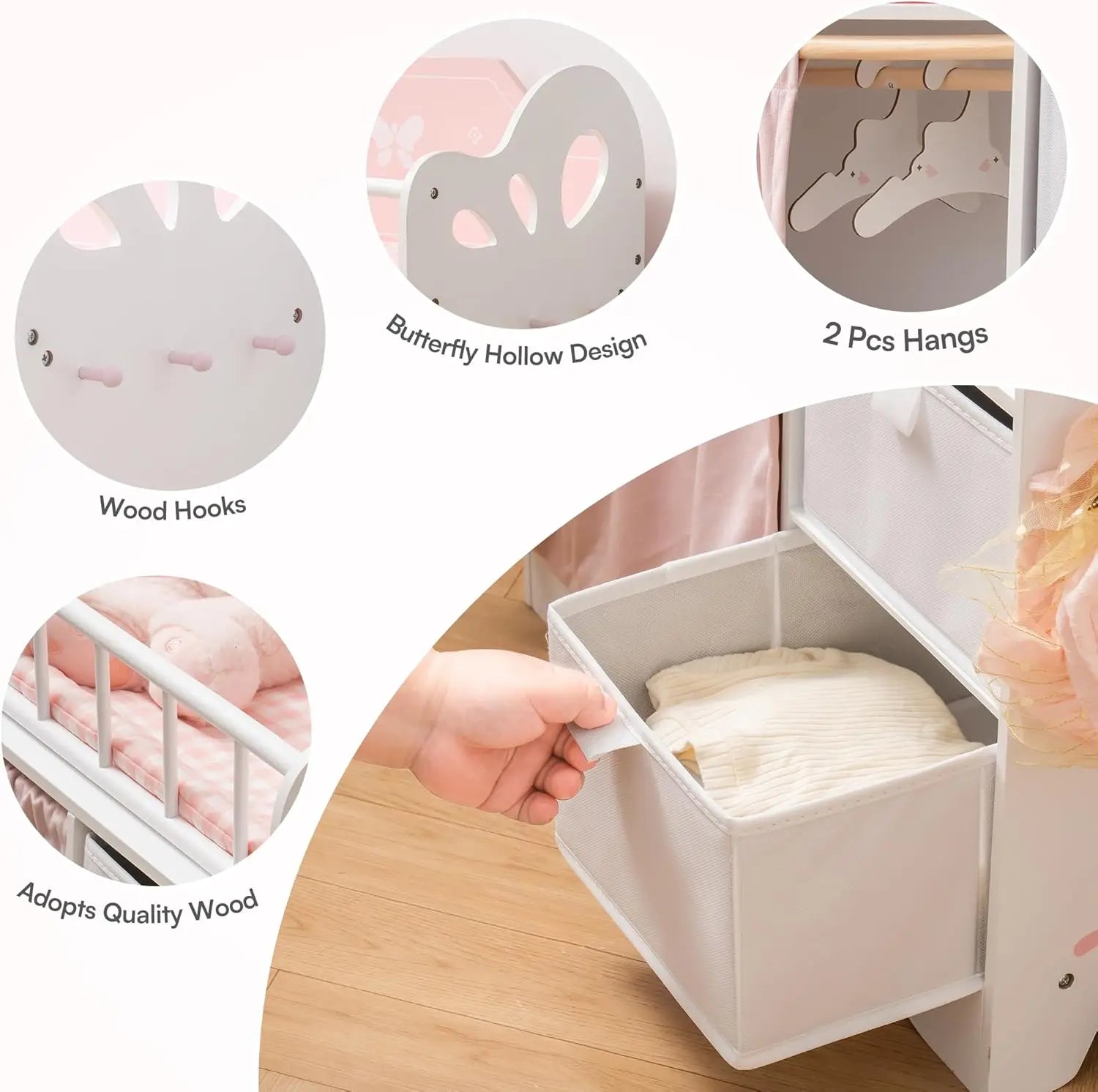 Wooden Toy Doll Baby Crib with Storage.