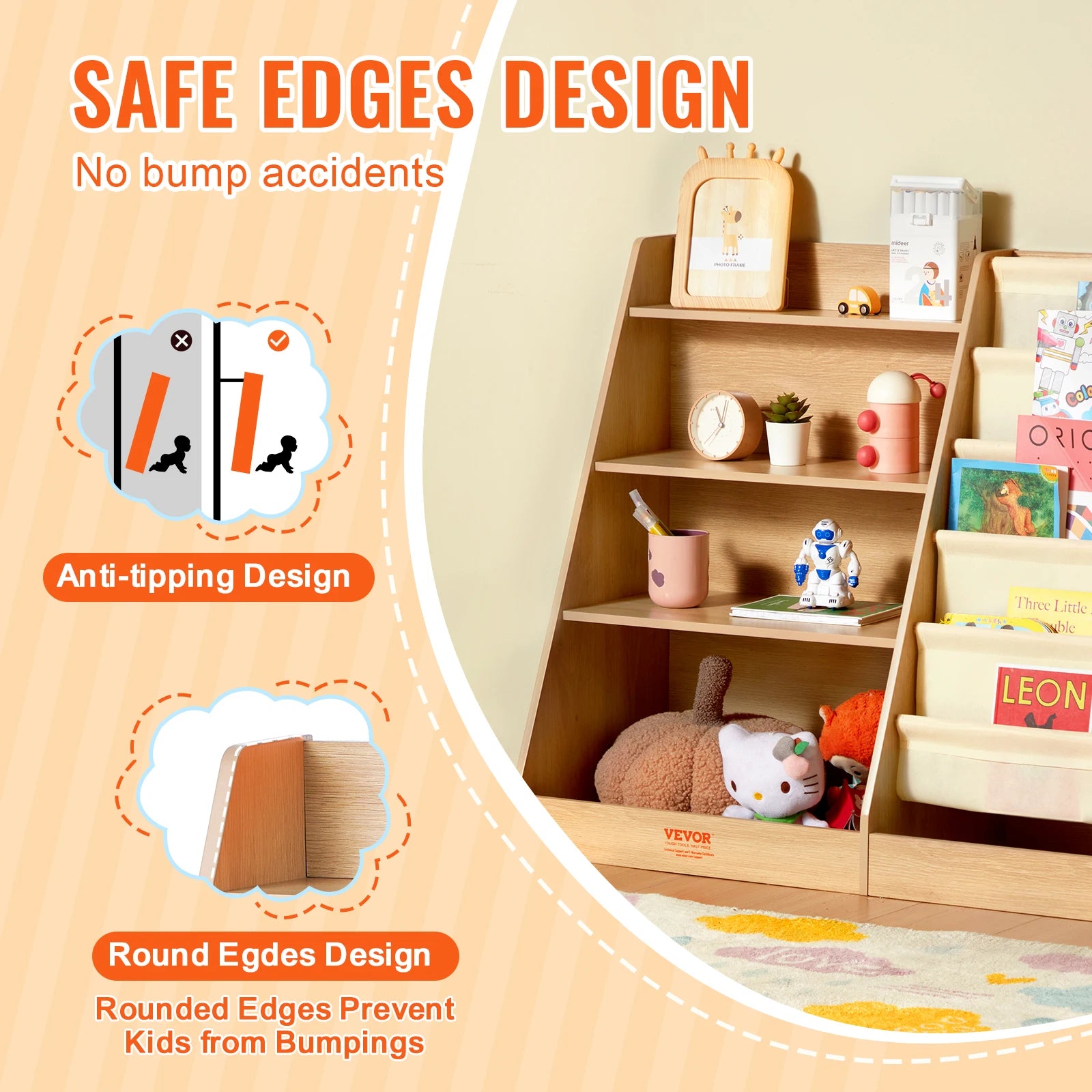 4-Tier Kids Wooden Bookshelf 6-Layer Sling Bookcase.