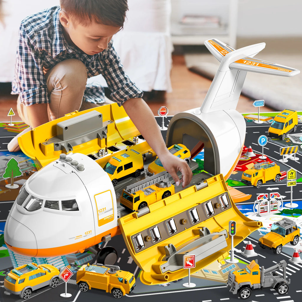 Large Airplane Kids Toy, Age 4 - 8, With 10 Fire Truck Vehicles.