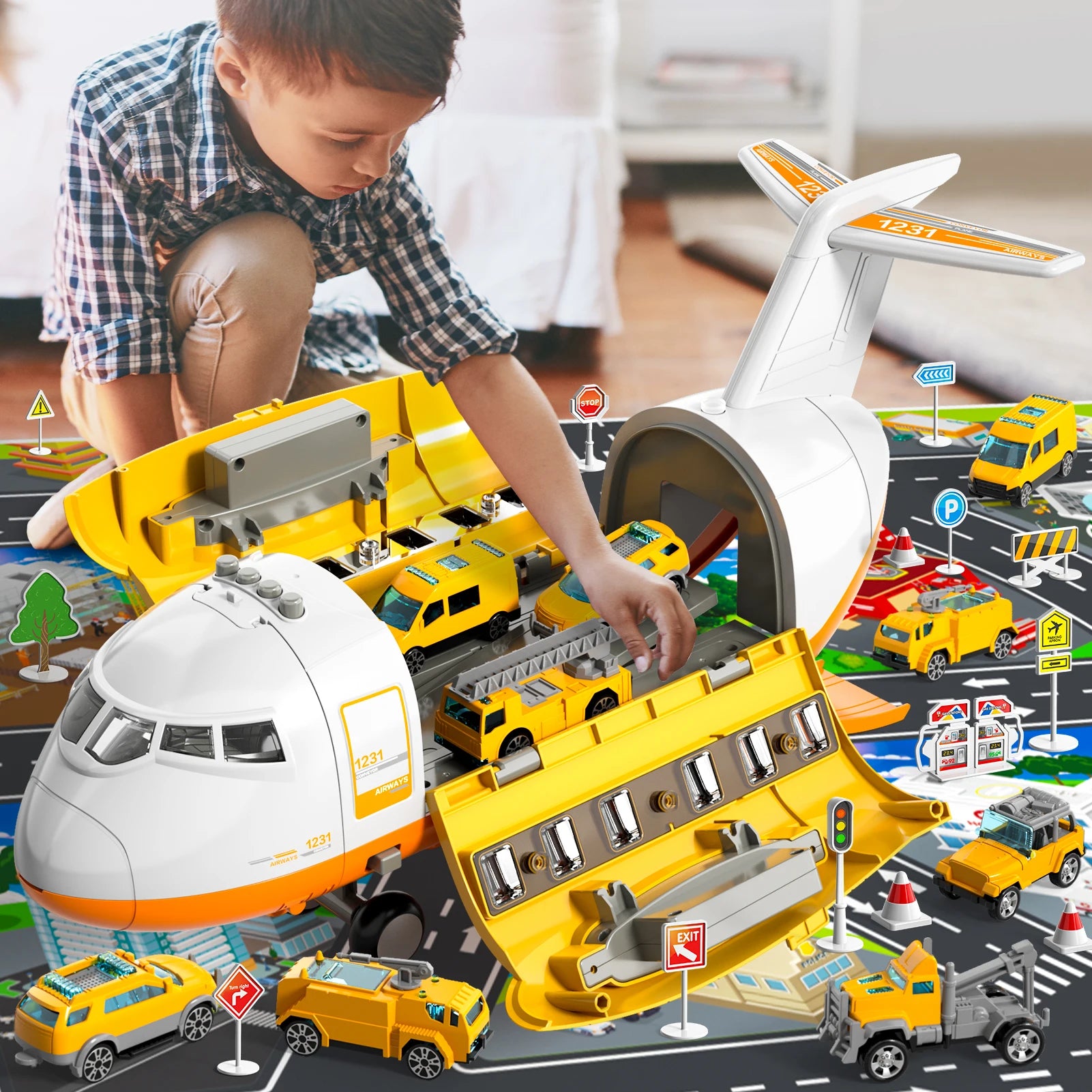 Large Airplane Kids Toy, Age 4 - 8, With 10 Fire Truck Vehicles.