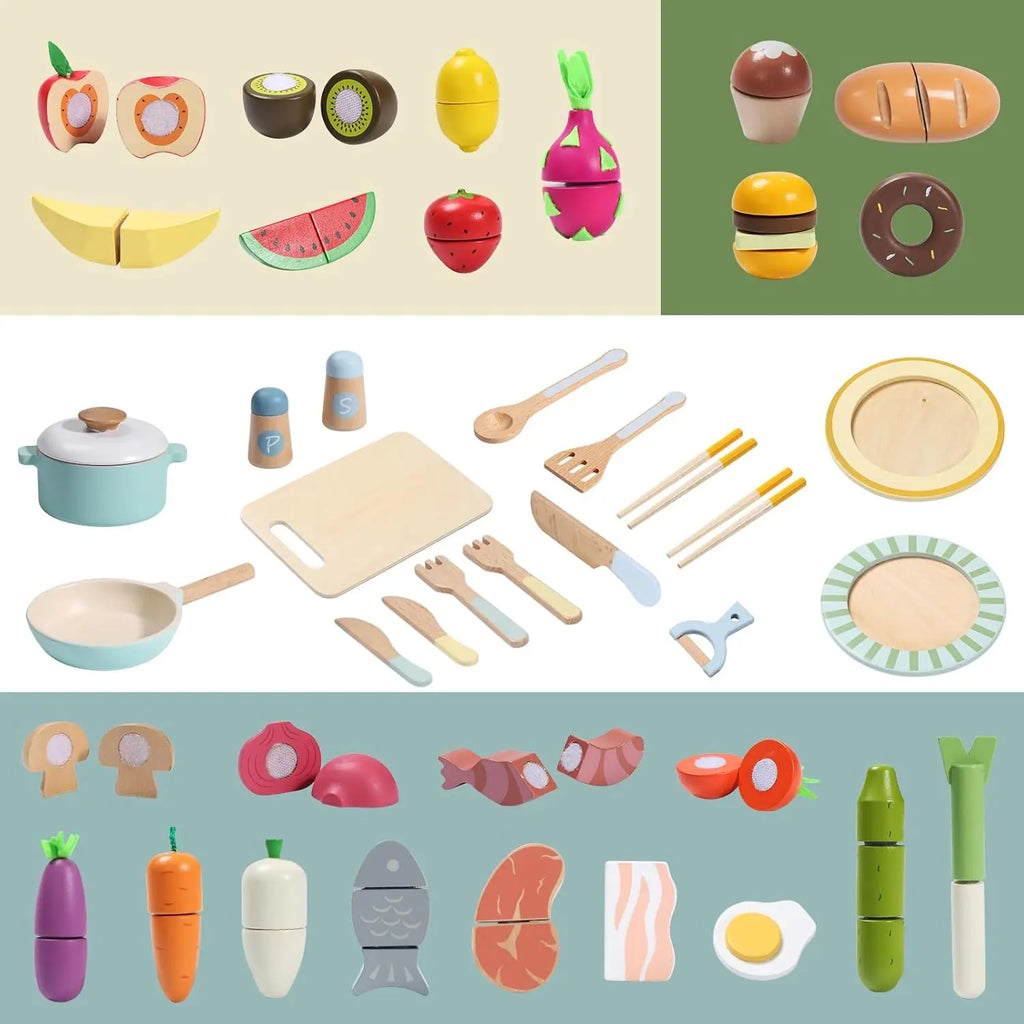 78 PCS Wooden Play Food Set, Vegetables, Fruit, Cutting Toys.