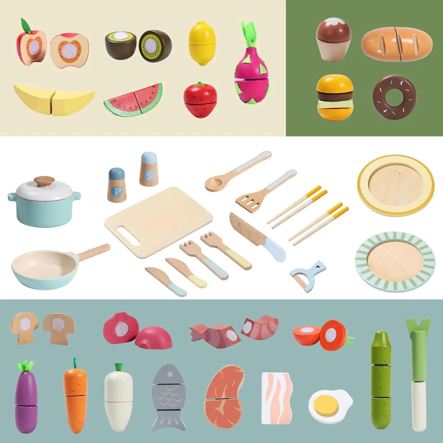 78 PCS Wooden Play Food Set, Vegetables, Fruit, Cutting Toys.