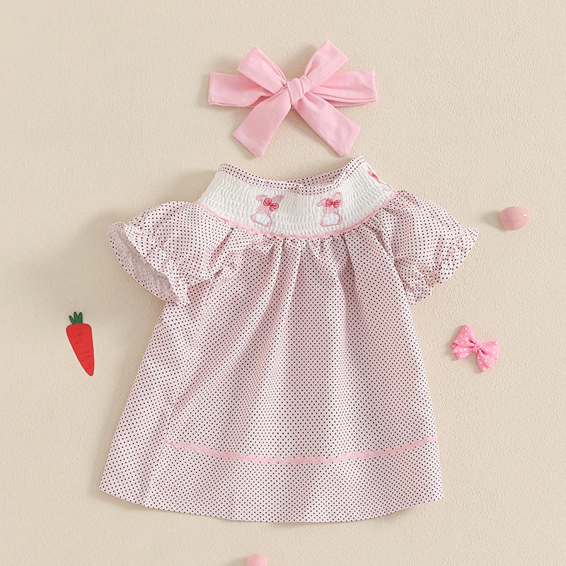 Easter Bunny Embroidered Short Sleeved Dress with Matching Headband.