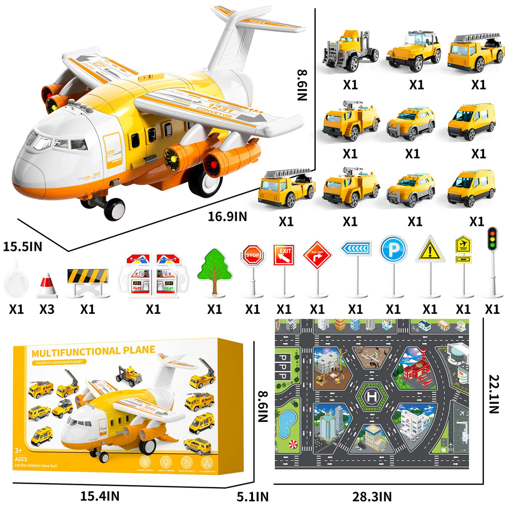 Large Airplane Kids Toy, Age 4 - 8, With 10 Fire Truck Vehicles.