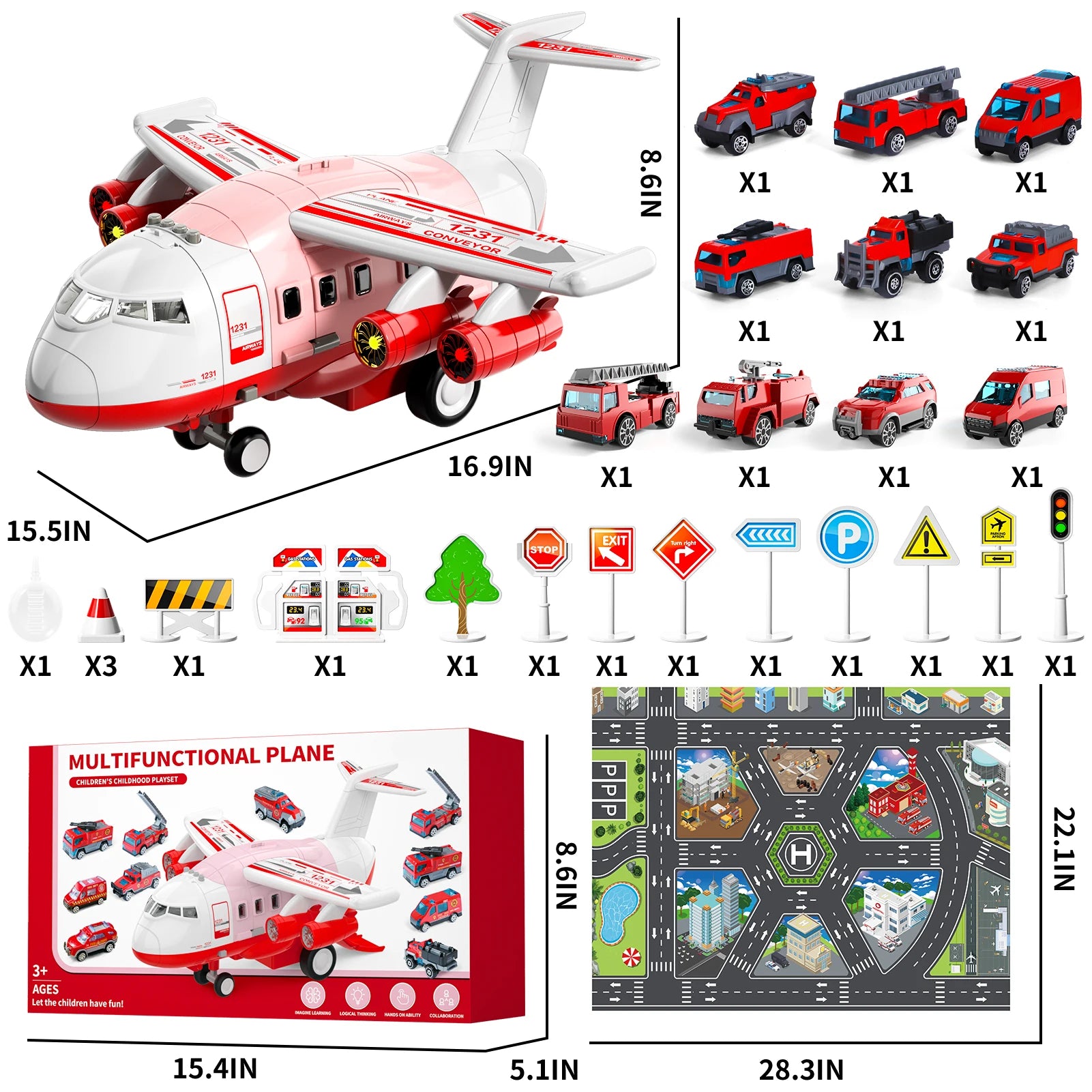 Large Airplane Kids Toy, Age 4 - 8, With 10 Fire Truck Vehicles.