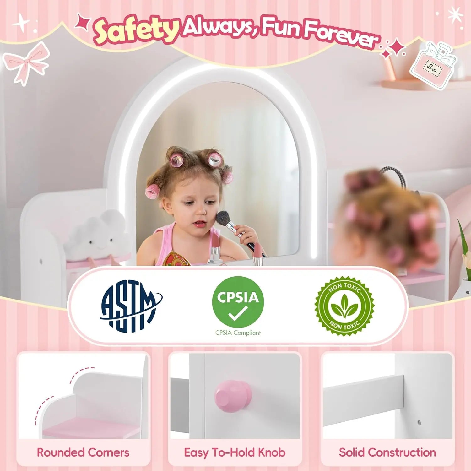 Kids Vanity with Lights,  Desk & Chair Set with Mirror.