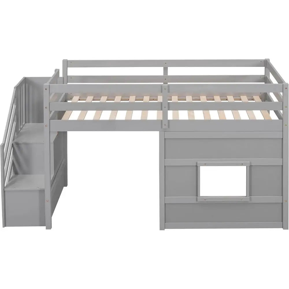 Twin Loft Bed with Storage Staircase and Large Underbed Space for Teens.