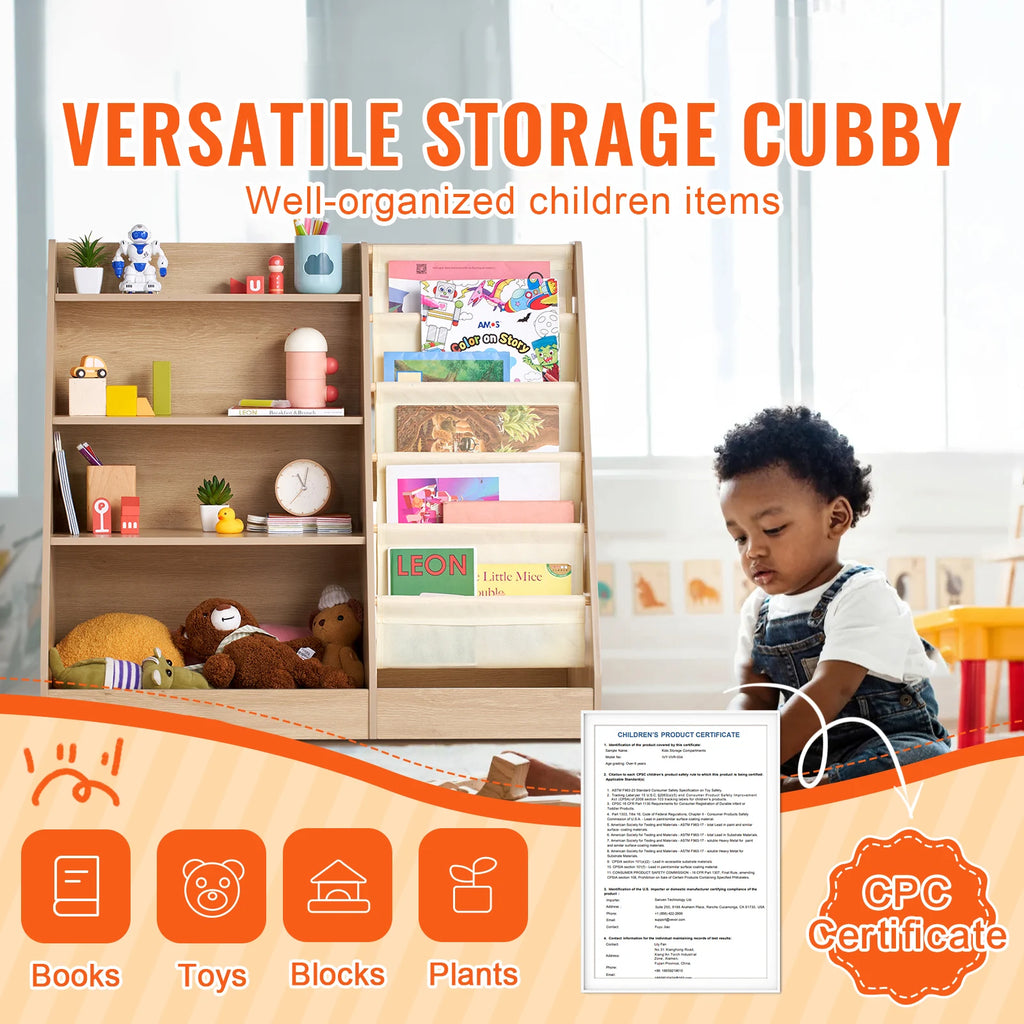 4-Tier Kids Wooden Bookshelf 6-Layer Sling Bookcase.