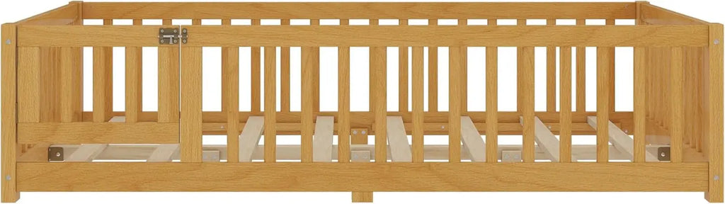 Full Size Wood Floor Bed with Safety Guardrails & Removable Door.