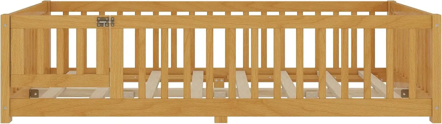 Full Size Wood Floor Bed with Safety Guardrails & Removable Door.