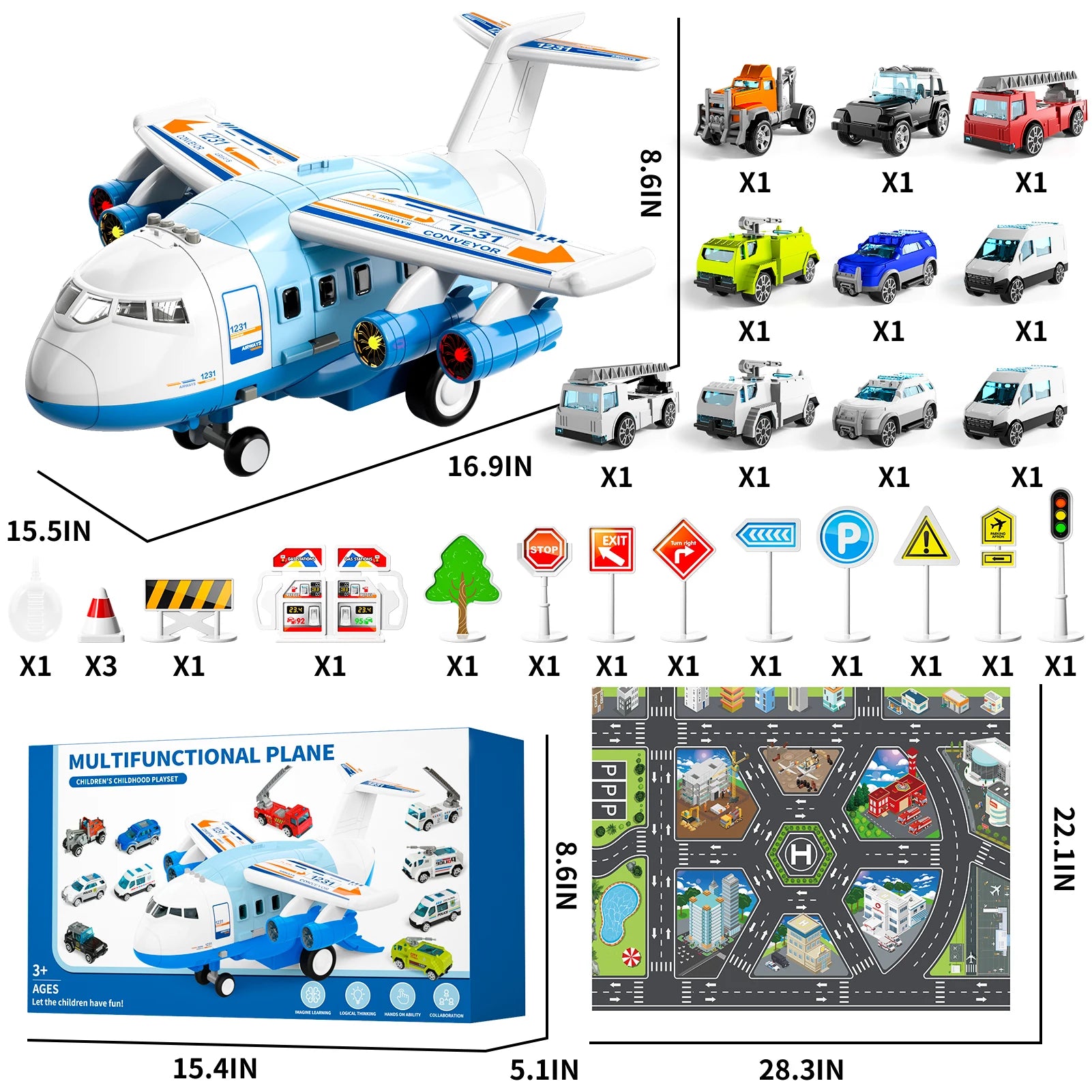 Large Airplane Kids Toy, Age 4 - 8, With 10 Fire Truck Vehicles.