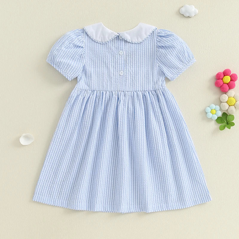 Short Sleeved Girl Summer Striped A-Line Dress with Collar.