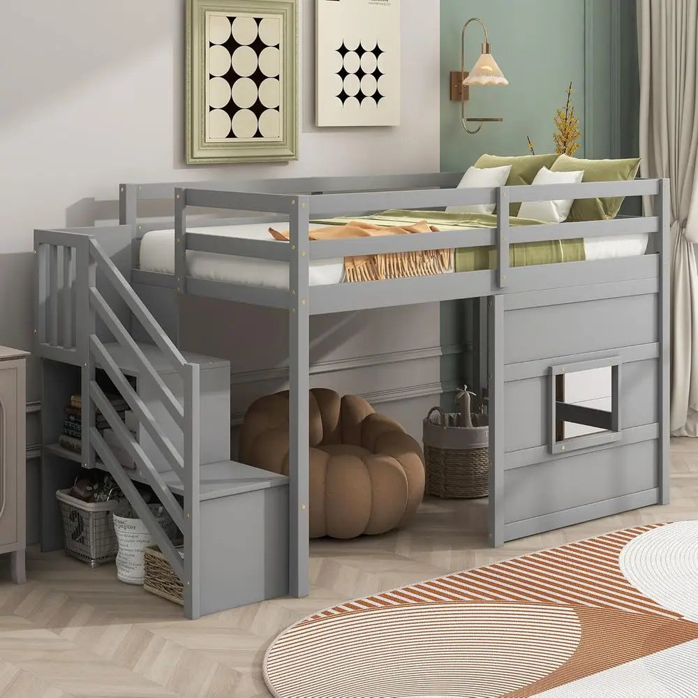 Twin Loft Bed with Storage Staircase and Large Underbed Space for Teens.