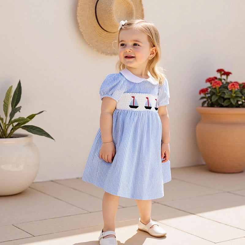 Short Sleeved Girl Summer Striped A-Line Dress with Collar.