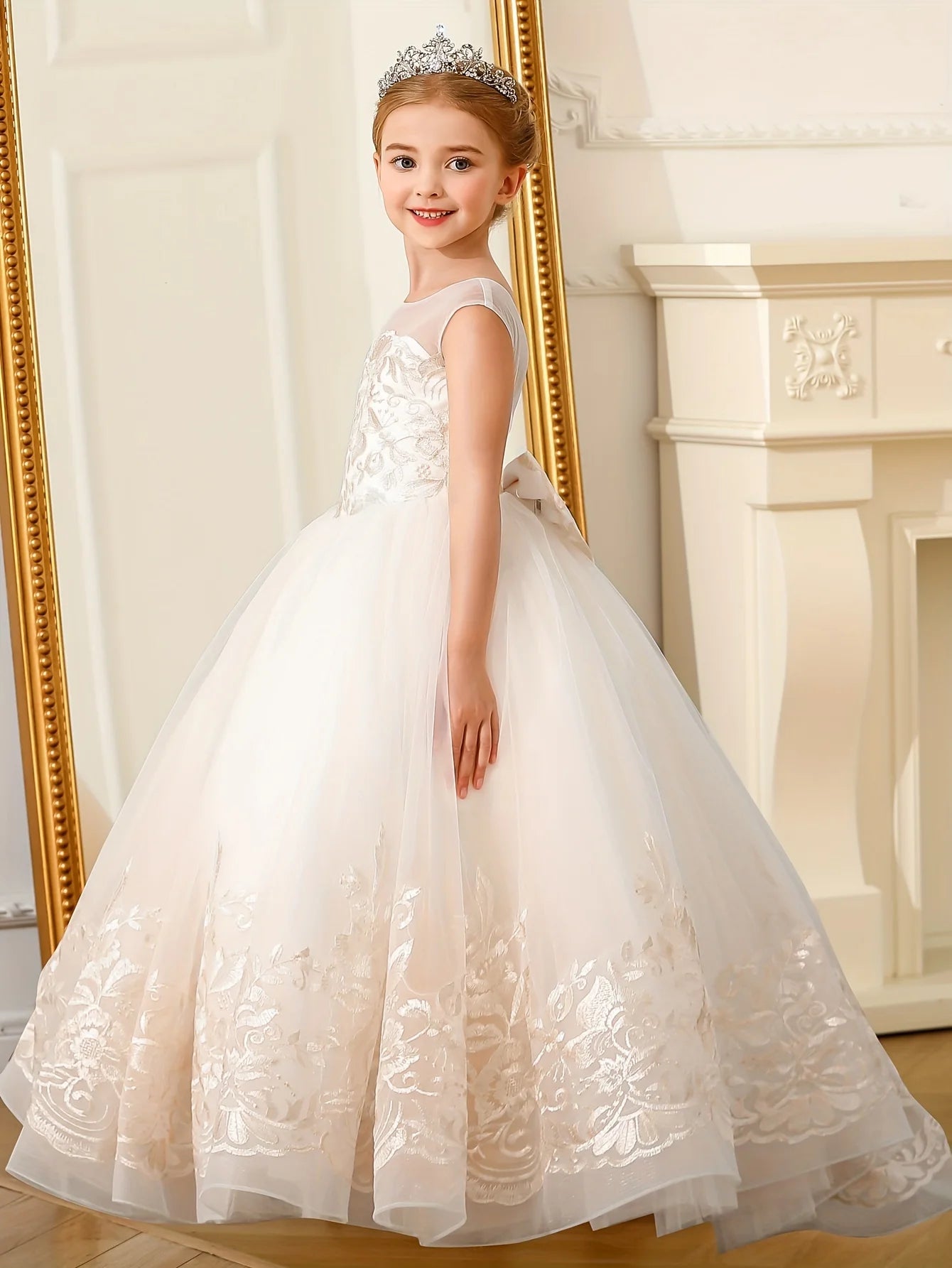 Lace Flower Girl Dress, Long Bow Belt