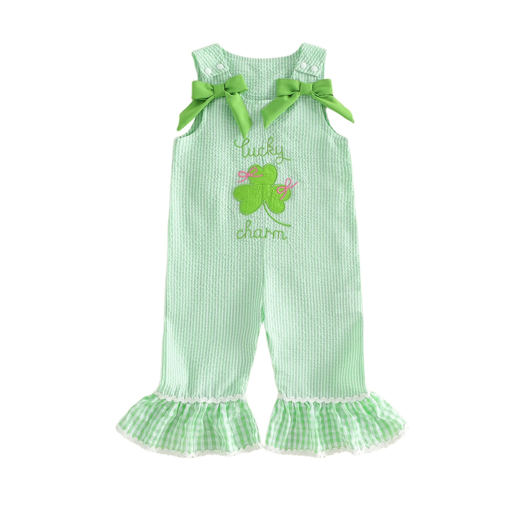 Stylish Girls St Patrick's Day Overall Jumpsuit With Embroidered Detail.