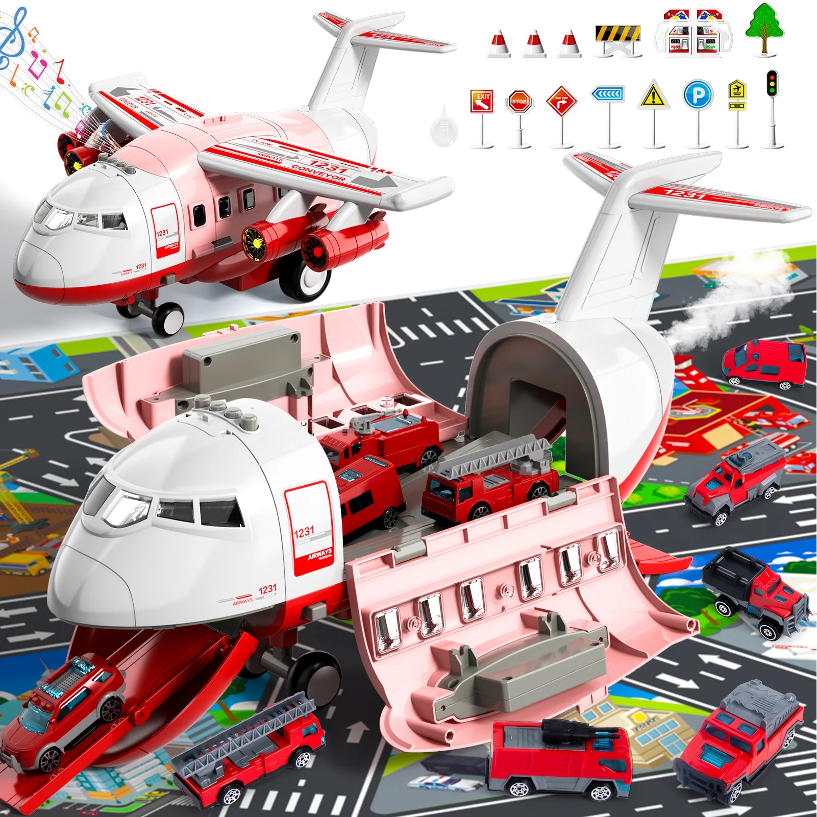 Large Airplane Kids Toy, Age 4 - 8, With 10 Fire Truck Vehicles.