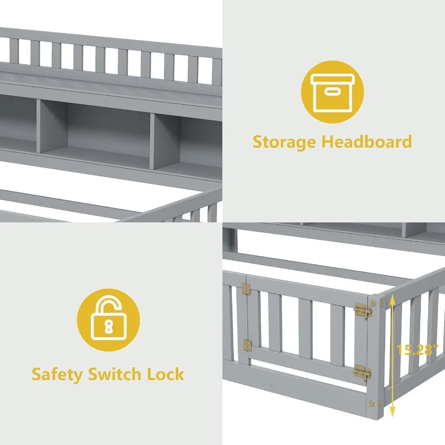 Full Size Floor Bed with Bedside Bookcase.