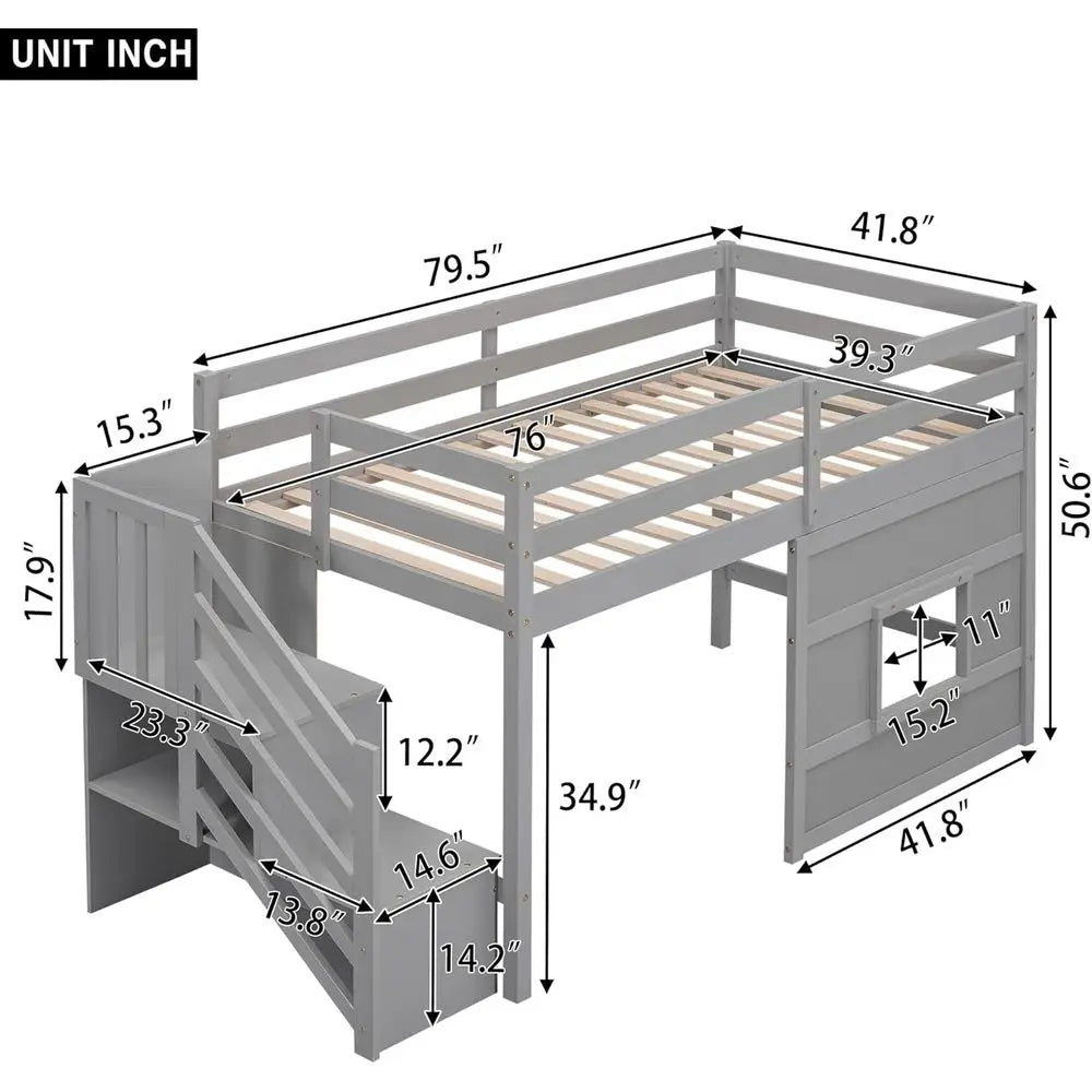 Twin Loft Bed with Storage Staircase and Large Underbed Space for Teens.