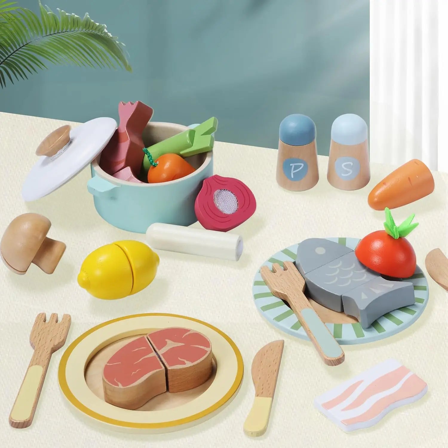 78 PCS Wooden Play Food Set, Vegetables, Fruit, Cutting Toys.