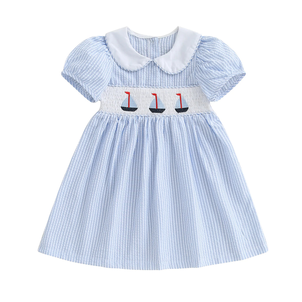 Short Sleeved Girl Summer Striped A-Line Dress with Collar.