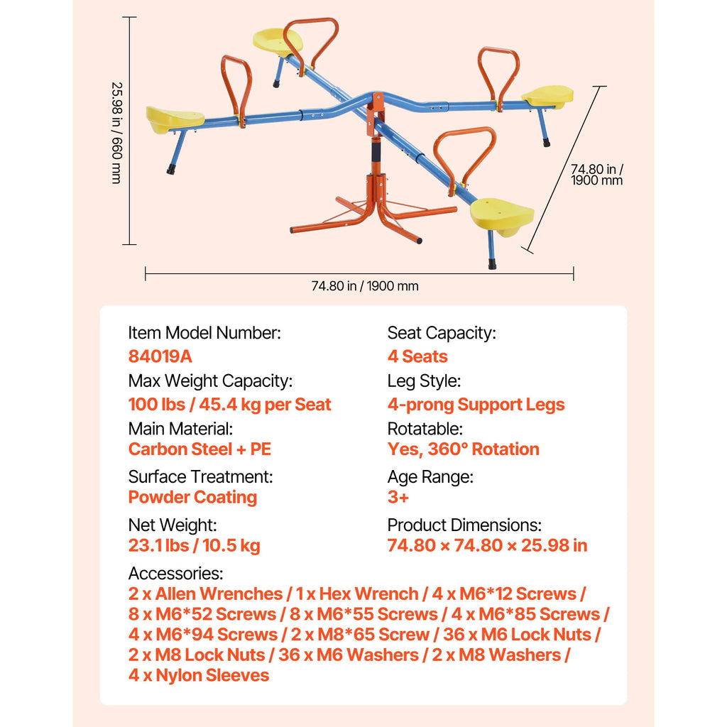 4 Seats Kids Seesaw Sit & Spin Teeter Totter.