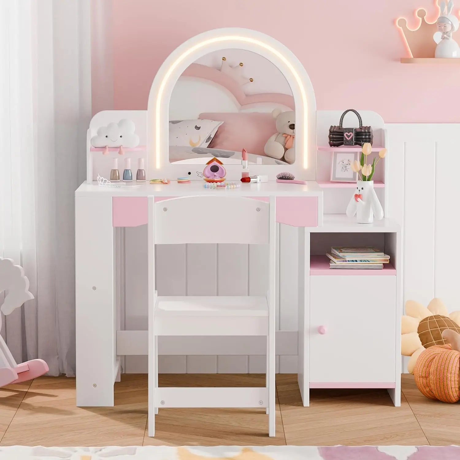 Kids Vanity with Lights,  Desk & Chair Set with Mirror.