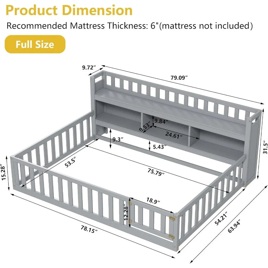 Full Size Floor Bed with Bedside Bookcase.