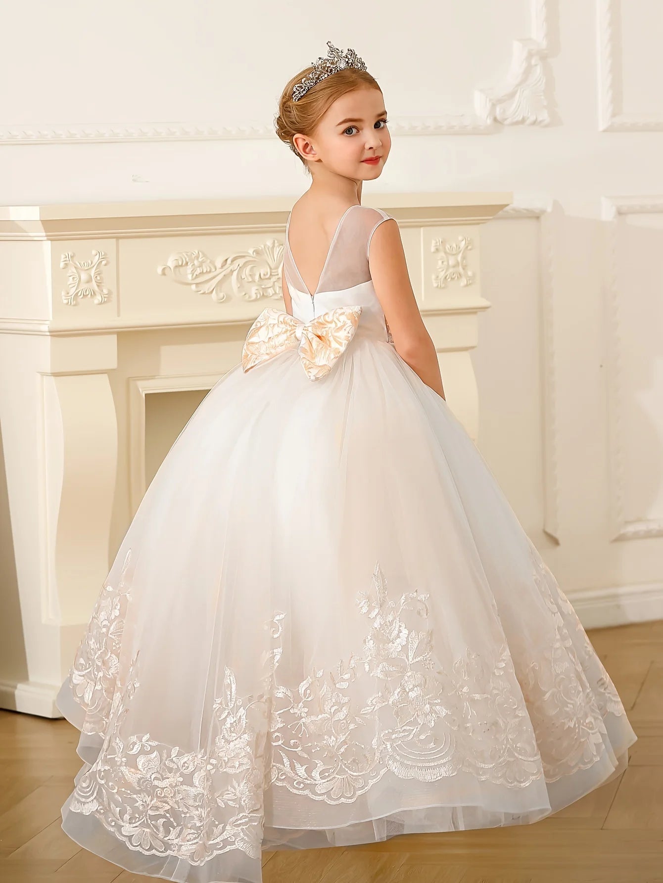 Lace Flower Girl Dress, Long Bow Belt