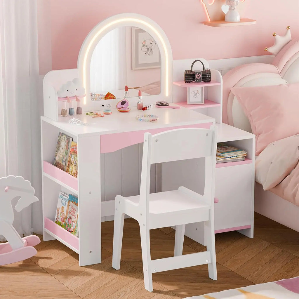 Kids Vanity with Lights,  Desk & Chair Set with Mirror.