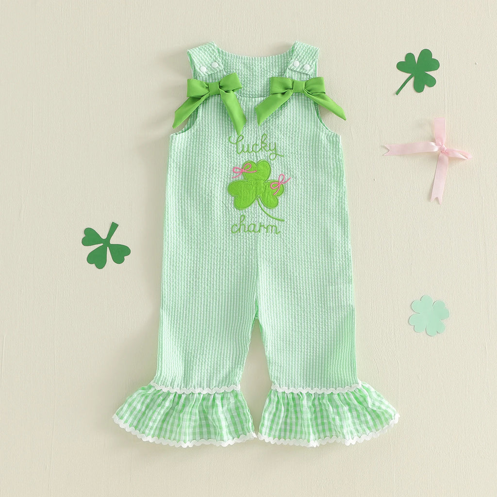 Stylish Girls St Patrick's Day Overall Jumpsuit With Embroidered Detail.