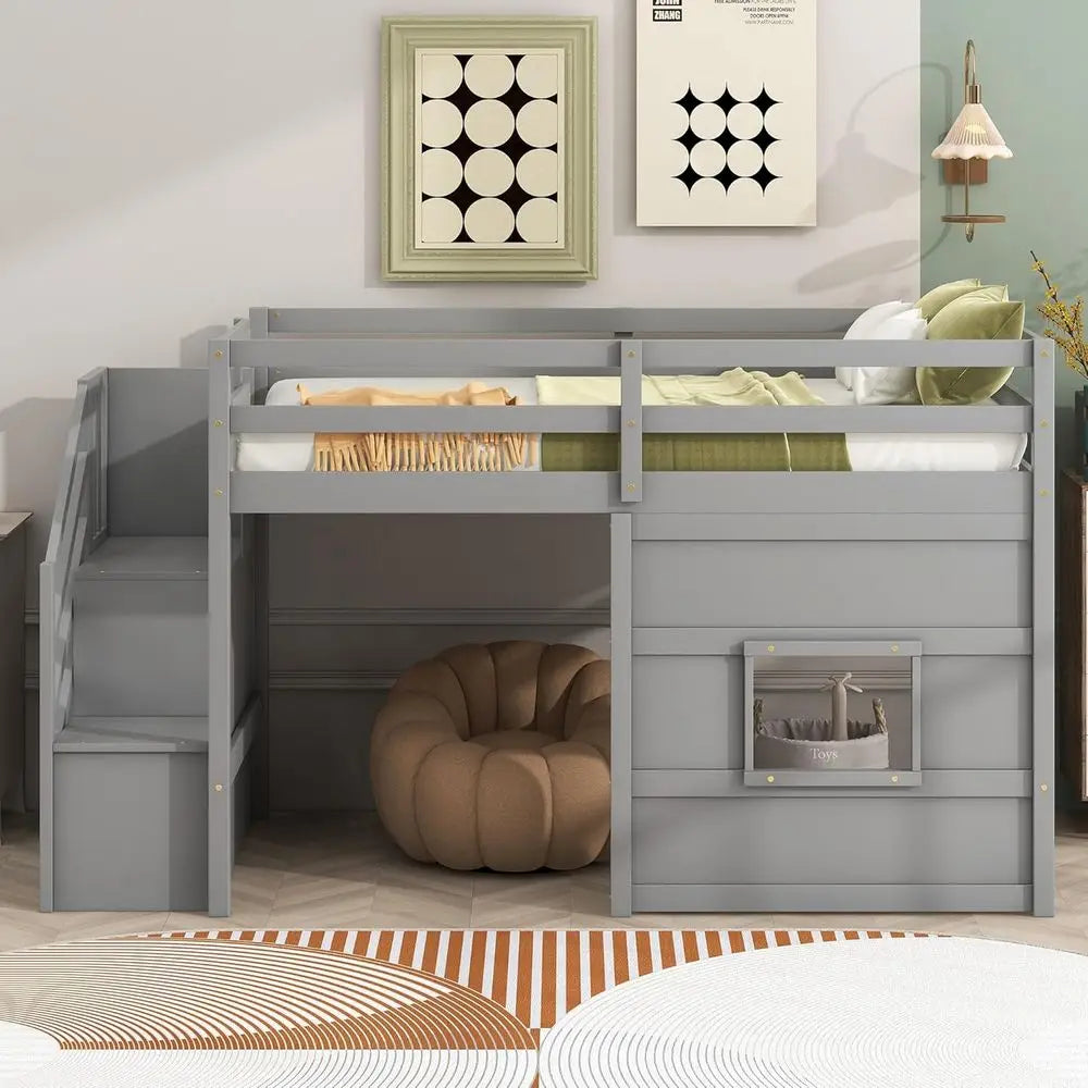 Twin Loft Bed with Storage Staircase and Large Underbed Space for Teens.
