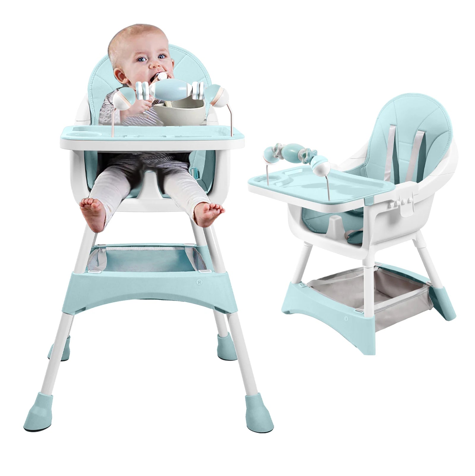 Convertible Baby High Chair Double-Layer Dinner Plate and Toy Rack.