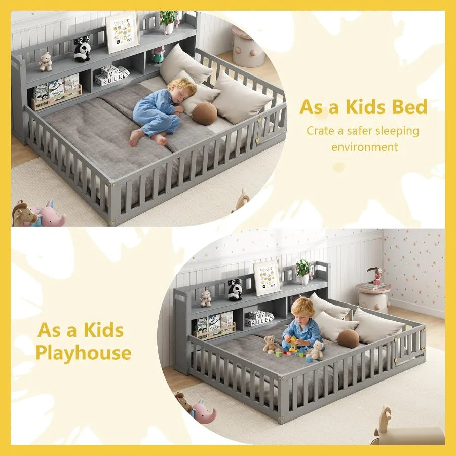 Full Size Floor Bed with Bedside Bookcase.