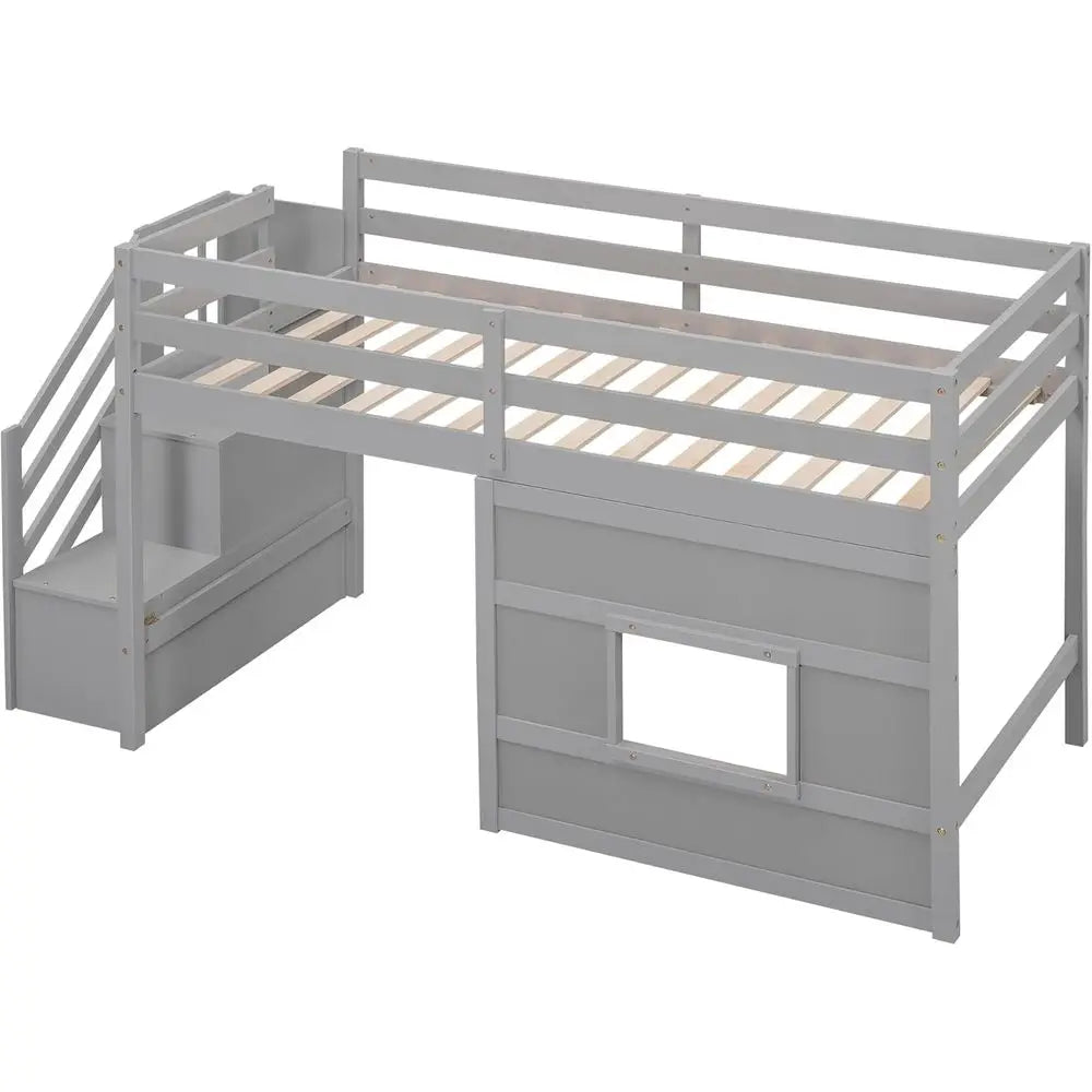 Twin Loft Bed with Storage Staircase and Large Underbed Space for Teens.