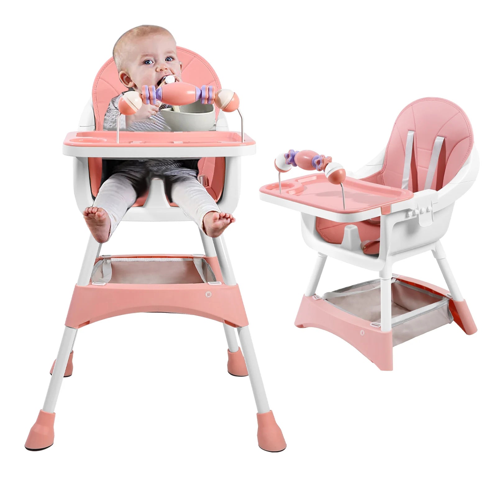 Convertible Baby High Chair Double-Layer Dinner Plate and Toy Rack.